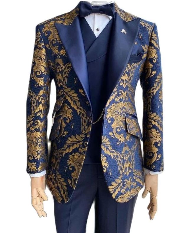 Peak Lapel Three Piece Royal Blue & Gold Jacquard Tuxedo