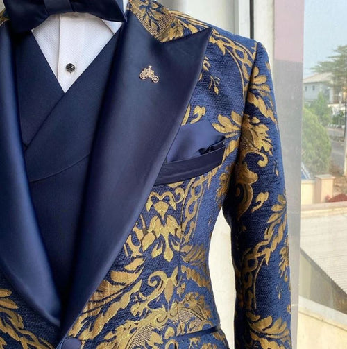 Peak Lapel Three Piece Royal Blue & Gold Jacquard Tuxedo